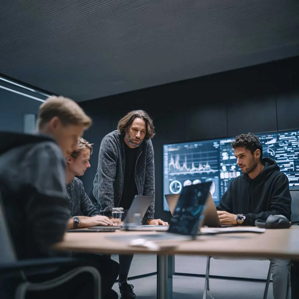 IT security team working on laptops in front of a monitoring dashboard